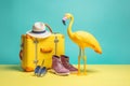 vacation sunglasses yellow background travel suitcase blue summer flamingo concept sun. Generative AI. Royalty Free Stock Photo