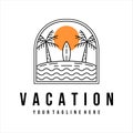 vacation surf logo line art vector illustration template design. tropical island and the beach with palm tree logo line art badge Royalty Free Stock Photo