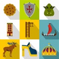 Vacation in Sweden icons set, flat style