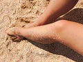 vacation. tanned feet in the sand on the beach