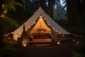 vacation tent camping light luxury forest glamping canvas travel nature. Generative AI.