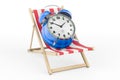 Vacation time, concept. Deckchair with alarm clock, 3D rendering