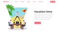 Vacation time flat landing page template. Office worker dreaming of tropical beach holiday website, webpage. Young men
