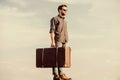 Vacation time. Travel agency. Business trip. Handsome guy traveler. Guy outdoors with vintage suitcase. Luggage concept Royalty Free Stock Photo