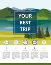 Vacation and Tourism infographic. Layers of mountain landscape with fir trees and river.