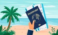 Vacation, Tourism, Summer Concept with Flat Icons for Web Site, Advertising like Hand with Passport and airplane tickets, beach,