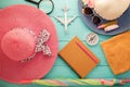 Vacation and travel accessories items for Summer holiday background,different objects on wooden background