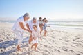 Vacation, travel and big family running on the beach for playing, bonding and spending quality time. Happy, excited and Royalty Free Stock Photo