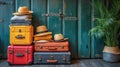Pile of old suitcases with hat and sunglasses on wooden background Royalty Free Stock Photo