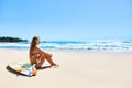 Vacation Travel. Surfer Woman Summer Beach Relax. Surfboard, Surfing