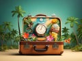 Vacation travel time. An open travel suitcase with a miniature exotic destination inside.