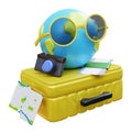 Vacation and travel. Trip planning world tour with Earth wear sunglass, luggage, world map and travel accessories. Leisure holiday