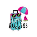Vacation travelling composition with the open bag. Touristic sighns concept. Take vacation concept with logo. Hello