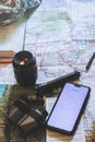 Vacation Trip Planning from America`s West Coast Area Maps and Travel Equipment Royalty Free Stock Photo