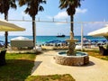 Vacation in tropical countries. Beach chairs, umbrella on the beach