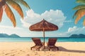 Beach chairs, umbrella and palms on the beach. Royalty Free Stock Photo