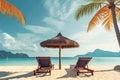 Beach chairs, umbrella and palms on the beach. Royalty Free Stock Photo