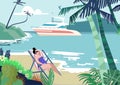 Vacation tropical outdoor sea beach place, woman character relax coastline, ocean bay packing yacht flat vector