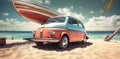 vacation tropical summer retro trip road vintage car travel beach. Generative AI. Royalty Free Stock Photo