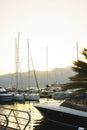 Vacation wallpaper with sea and yachts. Luxury sea expensive yacht moored on the pier. Royalty Free Stock Photo