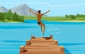 Vacation, weekend, relax concept. Young man jumping into lake or water. Vector illustration Royalty Free Stock Photo