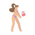 Vacation with Woman Character Playing Ball Enjoying Seaside Rest Vector Illustration Royalty Free Stock Photo