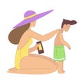 Vacation with Woman Mom and Son Apply Sunscreen on Body Enjoying Seaside Rest Vector Illustration