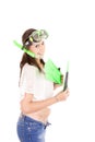 Vacation woman in summerwear wearing snorkel and Royalty Free Stock Photo