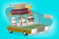 Funny illustration of a cartoon familiy in a vacation car