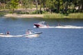 Vacationers ride boats and boats on the river