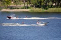 Vacationers ride boats and boats on the river