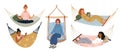 Vacationing people in hammocks. Relaxed women in suspended chairs or couches. Female lying on hanging sofa. Person