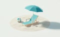Vacations are conceptualized in a 3D rendering depicting a deck chair and umbrella placed on a sandy beach Royalty Free Stock Photo