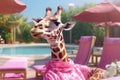 Vacations of giraffe, cute anomal by the pool, ai generative Royalty Free Stock Photo