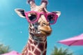 Vacations of giraffe, cute anomal by the pool, ai generative Royalty Free Stock Photo