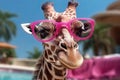 Vacations of giraffe, cute anomal by the pool, ai generative Royalty Free Stock Photo
