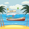 Vacations, leisure boat, palm, banner, vector illustration, cartoon style, isolated Royalty Free Stock Photo