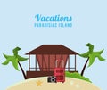 Vacations paradisiac island hut suitcase camera
