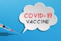 Vaccinaciton concept, speech bubble with syringe vaccine icon on blue background