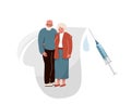 Vaccinate elderly vector background. Old couple hugging and smiling in heart shape with safety protect vaccine syringe