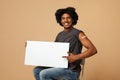 Vaccinated African American Guy Pointing At Blank Placard In His Hands, Mockup