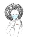 Vaccinated black people illustration, Young black woman in medical mask looking her arm after receiving vaccine