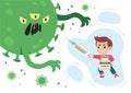 Vaccinated boy fighting the coronavirus monster. Vector illustration of vacctination of children in flat style.