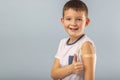 Vaccinated boy gesturing with thumbs up, showing hand with plaster cast after injection of coronavirus vaccine. Start of