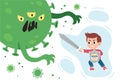 Vaccinated boy with sword and shield fighting the coronavirus monster.