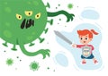 Vaccinated girl with sword and shield with bottle of vaccine is fighting with coronavirus monster