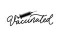 Vaccinated logo label card design template with syringe and lettering