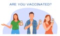 Vaccinated male and ladies holding mobile phone and showing digital vaccination passport