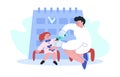 Female doctor with syringe vaccinate children, calendar. Vector flat cartoon illustration vaccination concept.