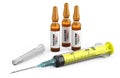 Vaccination against sars virus, coronavirus. Syringe for injecting vaccine and ampoule with the drug. Infection pneumonia